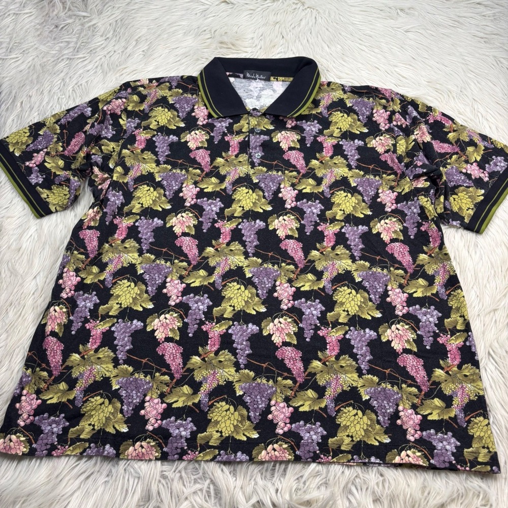 Vintage 90's Nicole Miller Men's XL Grape Print SS Polo Shirt Preppy Dopamine